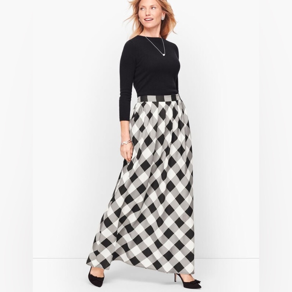 Talbots Buffalo Check Black White Plaid Maxi Skirt Long Party Skirt NWT Sz 8